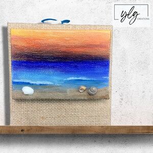 Original Mini Painting Sunset Beach Seashore Mixed Media Acrylic Art Ocean Sand